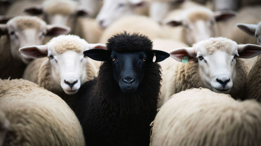a black sheep standing out in a crowd of white sheep